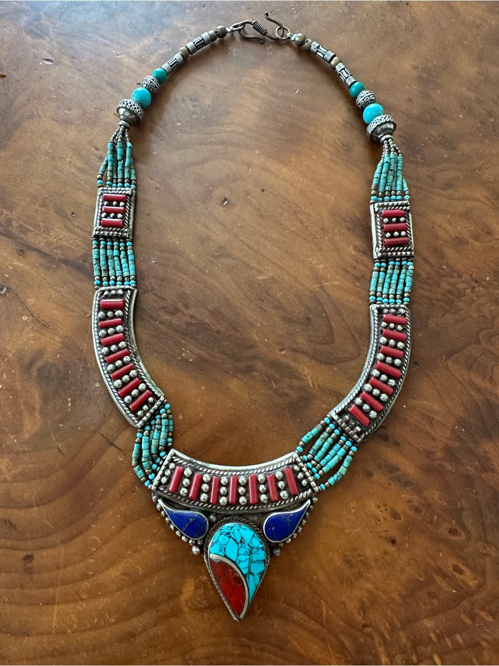 Vintage Artisan Turquoise, Coral and Lapis Beaded Tibetan Silver Necklace